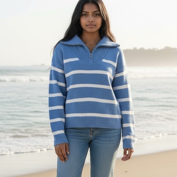 BOGO! English Factory Striped Zip Sweater Blue Nautical Fisherman Size Medium,All Products : American Fashion Style Bags On Sale